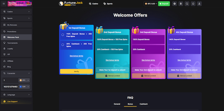 A closer look at the FortuneJack casino welcome bonus that's split into four segments.