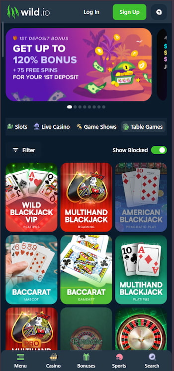 Wild.io, a PayPal online casino with a huge list of classic and variant table games.