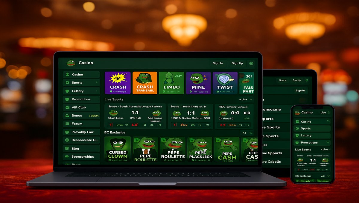 image of a Pepe casino website displayed on desktop, tablet, and mobile devices