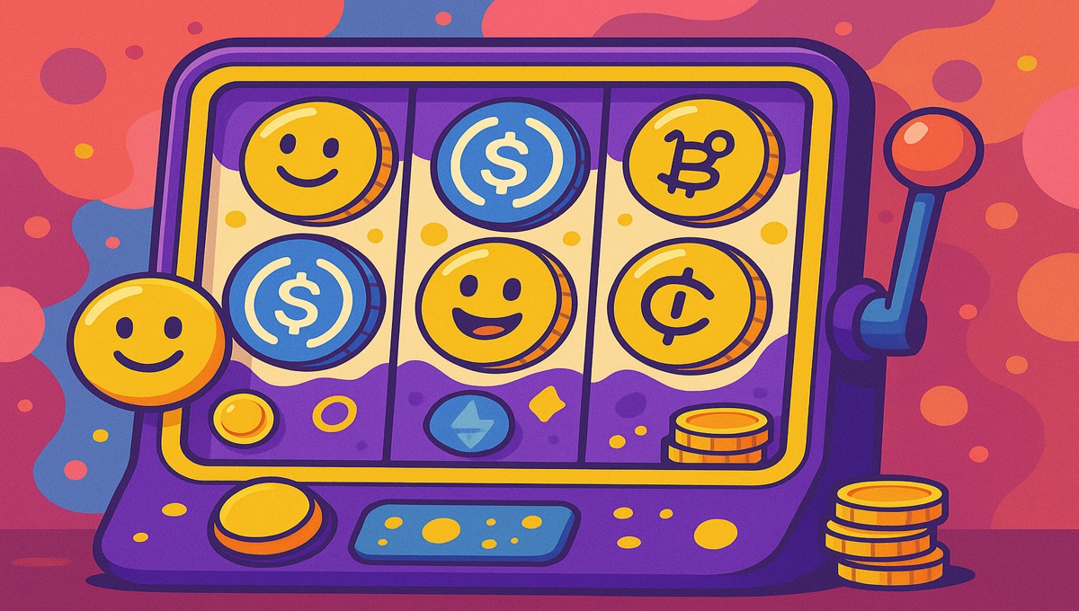 image of a USD Coin-themed slot game with humorous, cartoon-style graphics