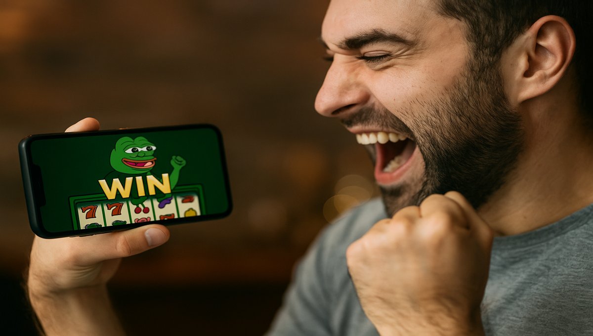 image of a player celebrating a win at a Pepe casino slot machine on their phone
