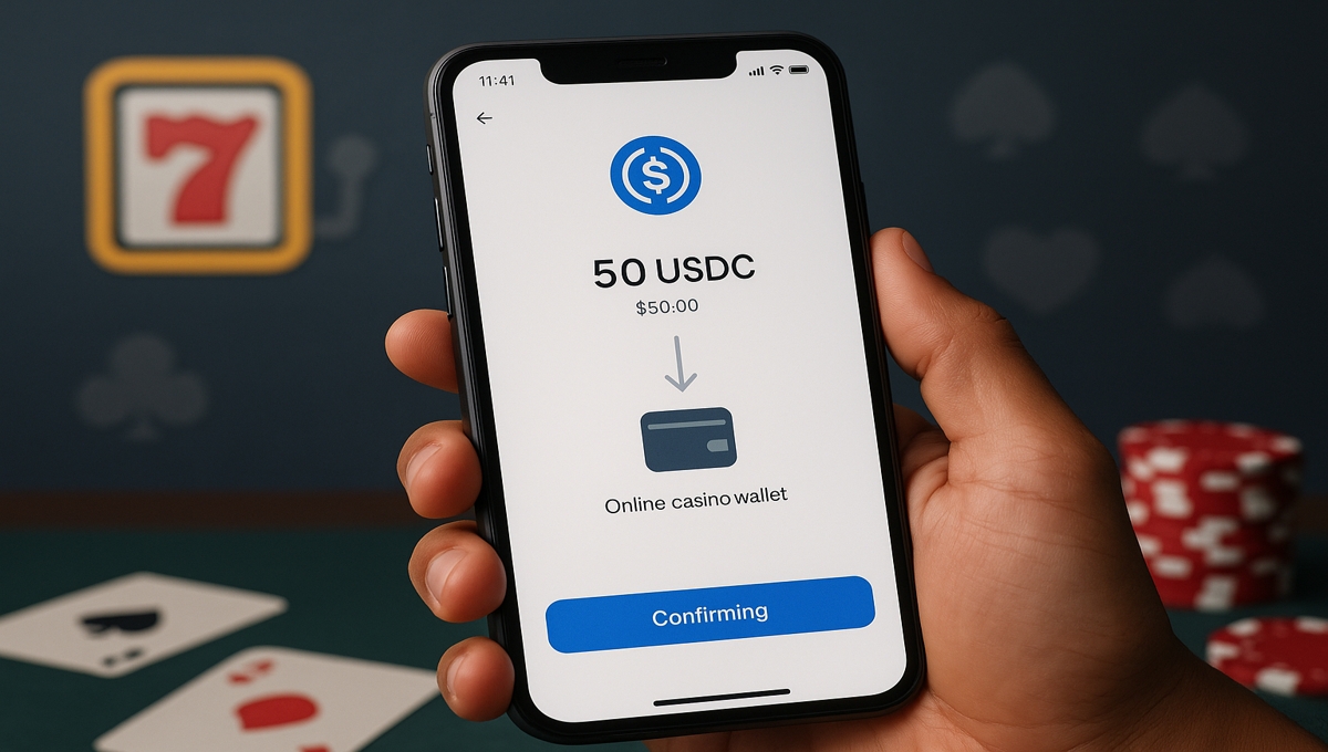 image of a user depositing USD Coin into an online casino wallet on their mobile
