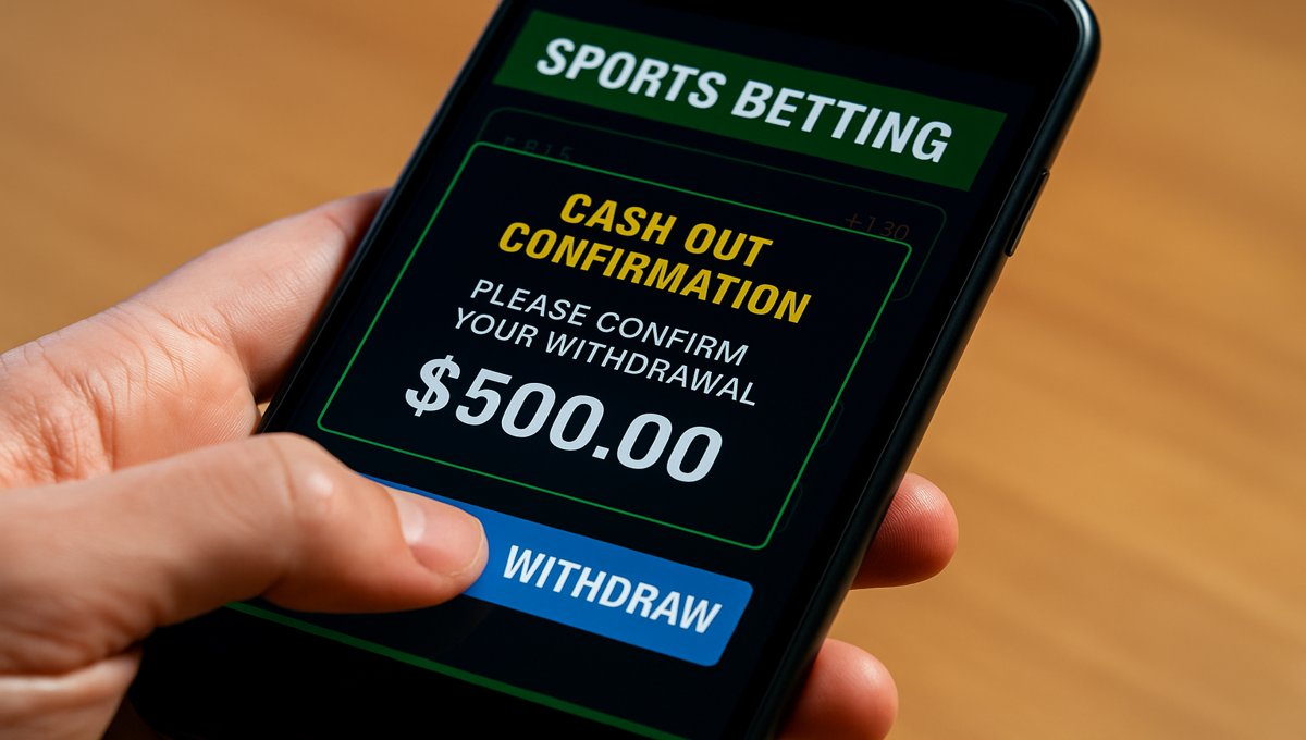 image of someone tapping Withdraw on a sports betting app with cash-out confirmation showing