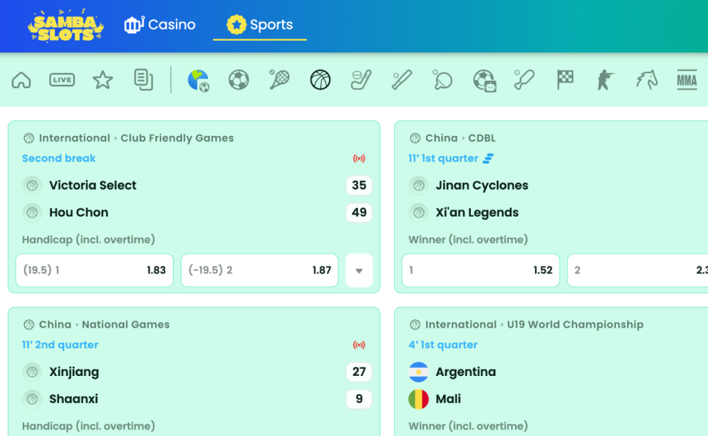 3. SambaSlots Casino – platus sporto lažybų pasirinkimas ir momentiniai išmokėjimai