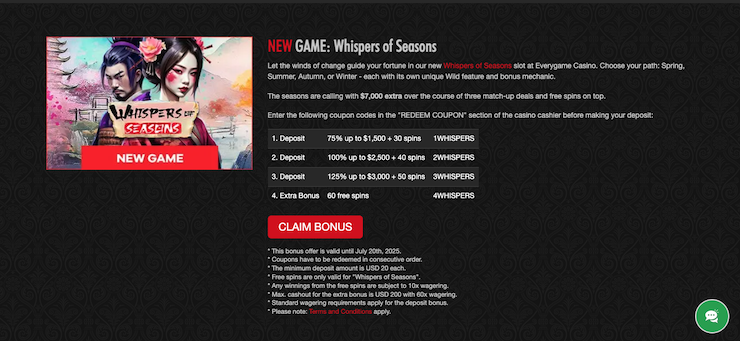 A snapshot of Everygame Bonus Codes