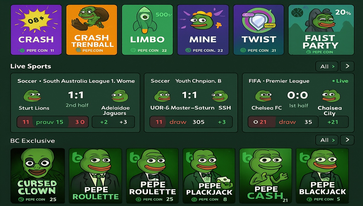 screenshot of a Pepe casino game selection screen showing meme-themed slots and table games - pepe casinos