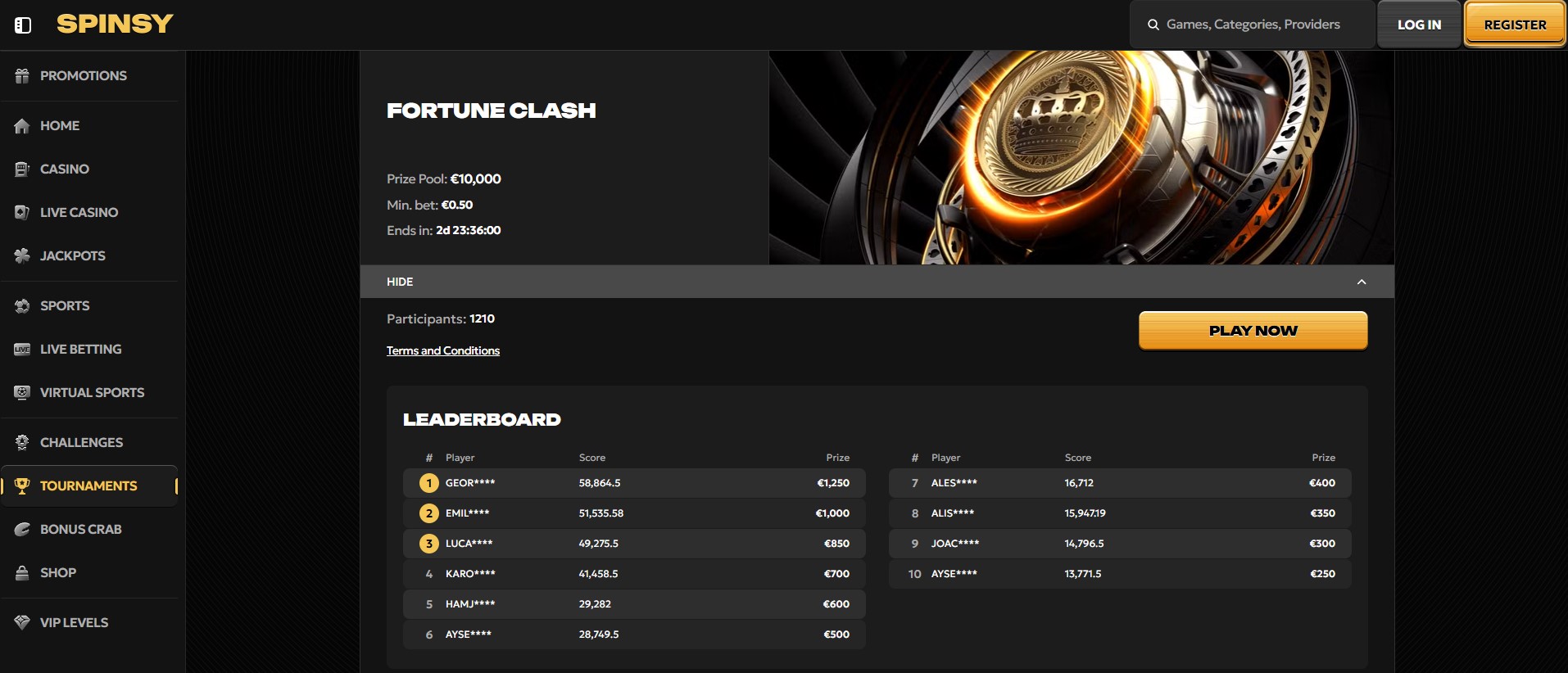 screenshot of a leaderboard in a BCH casino showing recent winners and payouts