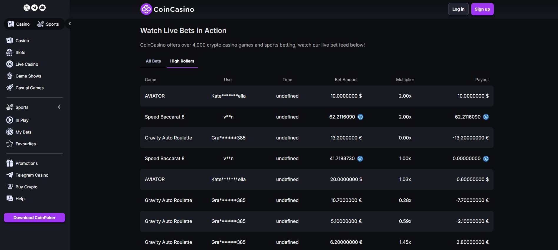 screenshot of a leaderboard in a USD Coin casino showing recent winners and payouts