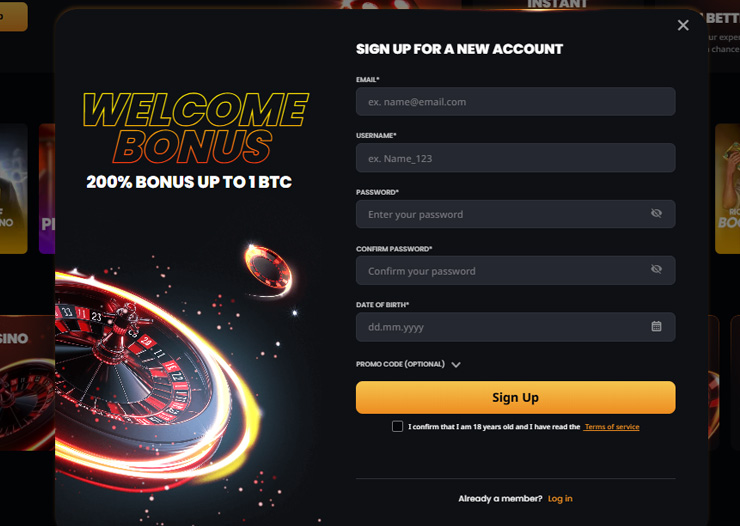 registration form for signing up to crypus betting site