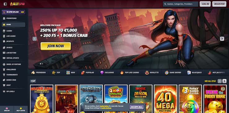 screenshot of AllySpin Casino homepage featuring animated female character and exclusive welcome package at Best Online Casino Ontario