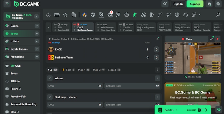 Screenshot of esports betting with Bitcoin at BC Game.