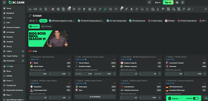 screenshot from BC.Game showing cricket and live betting options, featured at top Golf Betting Sites 