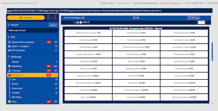 Image of the basketball betting markets at one of the best betting sites in Indonesia, BK8.