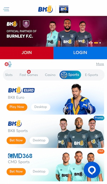 Mobile screenshot at one of the best betting sites in Indonesia, BK8.