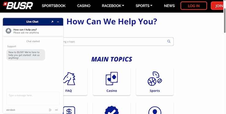 Screenshot of the BUSR sportsbook - a top horse racing betting site