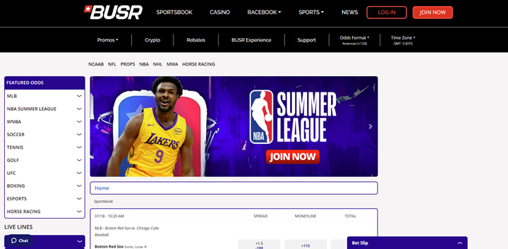 screenshot from BUSR sportsbook homepage promoting NBA Summer League and featuring golf betting categories at Golf Betting Sites