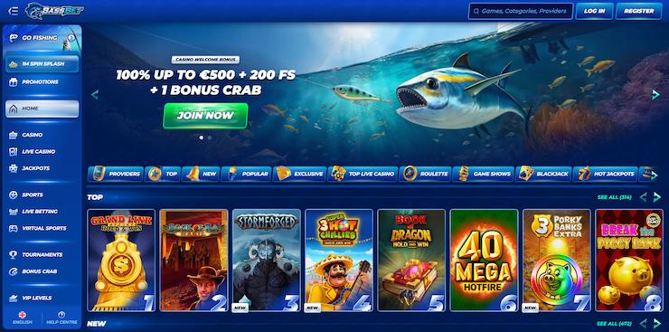 screenshot of BassBet Casino homepage with underwater fishing theme and bonus crab promotion at Best Online Casino Ontario