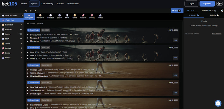 screenshot of Bet105 golf betting interface with parlay builder and odds for PGA Tour at Golf Betting Sites