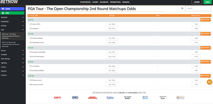 screenshot of BetNow sportsbook displaying PGA Tour round 2 matchups and moneyline odds at Golf Betting Sites