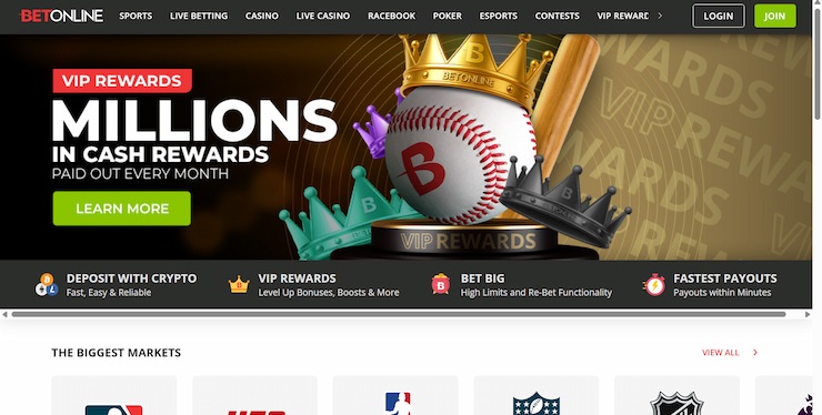 Image of BetOnline homepage, one of the top horse racing betting sites for US players
