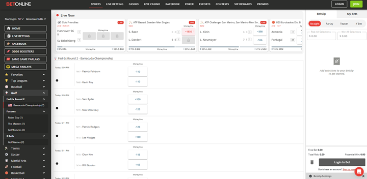 screenshot from BetOnline sportsbook showing golf matchups, live betting interface and odds at leading Golf Betting Sites