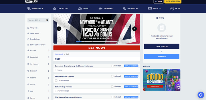 screenshot of BetUS sportsbook golf betting section featuring futures markets and signup bonus at Golf Betting Sites