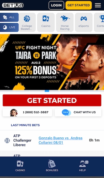 Screenshot of BetUS mobile interface - a top horse racing betting site for US players