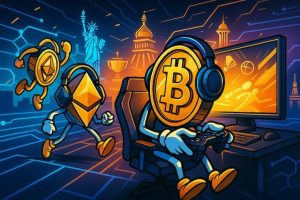 Futuristic illustration of esports betting with Bitcoin using crypto tokens in a digital arena