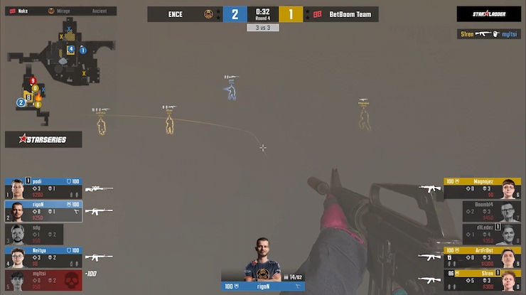 A screenshot of Counter-Strike 2 gameplay, often used for esports betting with Bitcoin.