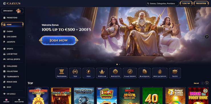 screenshot of Cazeus Casino homepage featuring Zeus-themed welcome bonus and top slot games at Best Online Casino Ontario
