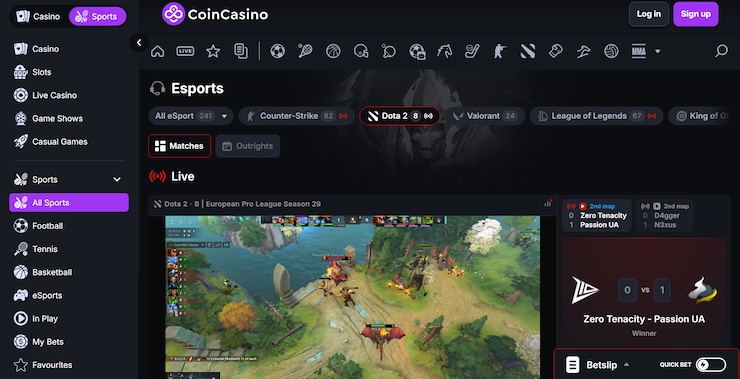 Screenshot of esports betting with Bitcoin at CoinCasino.