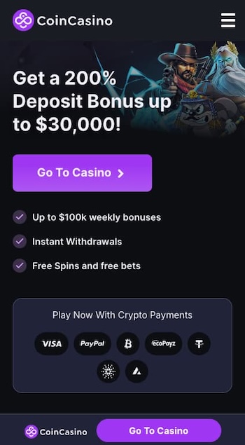 CoinCasino mobile app screenshot from one of the best online casinos Indonesia, featuring a 200% deposit bonus up to $30,000 and crypto payment options.