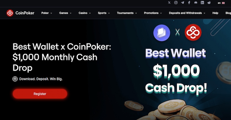 A screenshot of one of the CoinPoker promos, Best Wallet $1,000 cash drop.