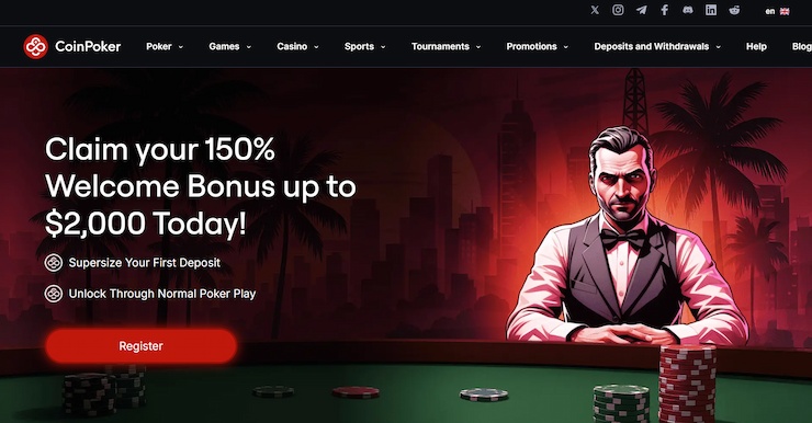 A screenshot of one of the CoinPoker promos, the 150% welcome bonus.