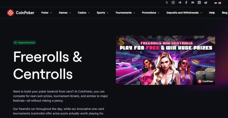 A screenshot of one of the CoinPoker promos, tournament freerolls.