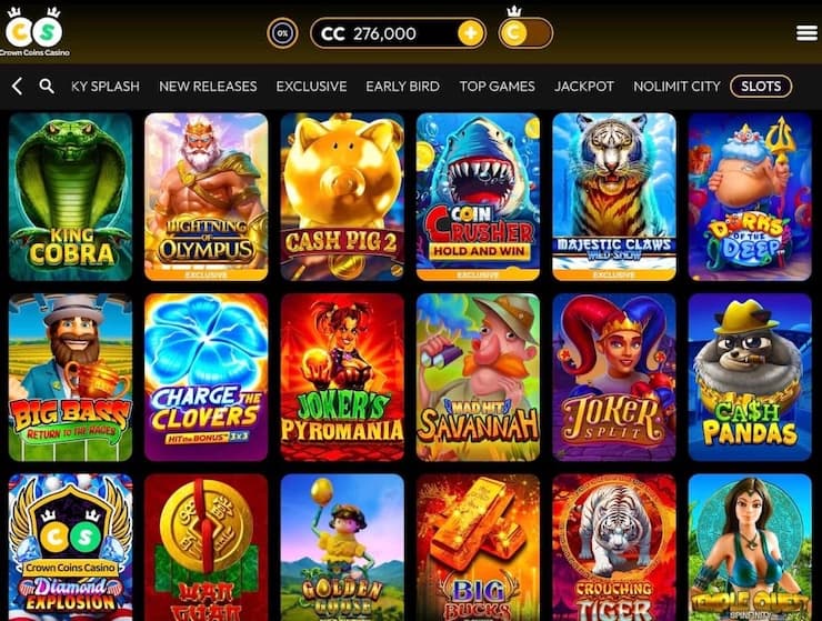 A snapshot of Crown Coins Casino slots lobby, showcasing popular online social casinos with exclusive jackpot games in the USA.