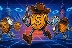 A snapshot of crypto coins dressed as cowboys with hats symbolizing Dead or Alive Slot Review 2025