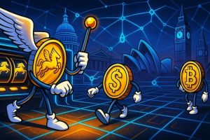 a snapshot of crypto coins playing Divine Fortune slot in a futuristic blockchain arena with global landmarks