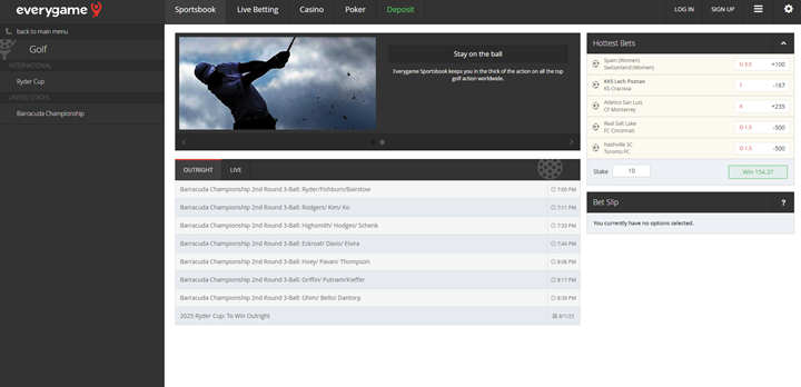 screenshot of Everygame sportsbook golf odds and hottest bets interface, showcasing features of Golf Betting Sites