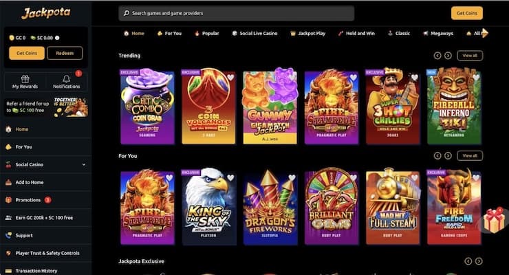 A snapshot of Jackpota social casino platform, highlighting trending slot machines and new social casinos in the USA.
