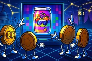 A snapshot of crypto coins gathered around a glowing fruit jar slot machine in a futuristic blockchain arena with global landmarks, symbolizing Jammin’ Jars Slot Review 2025