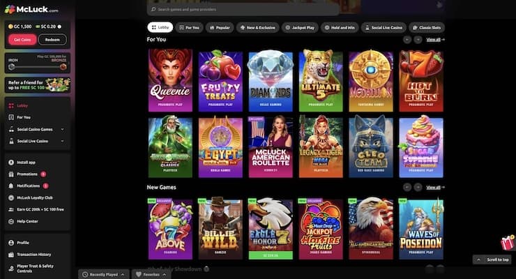 A snapshot of McLuck Casino lobby, one of the best online social casinos with real money-style games in the US
