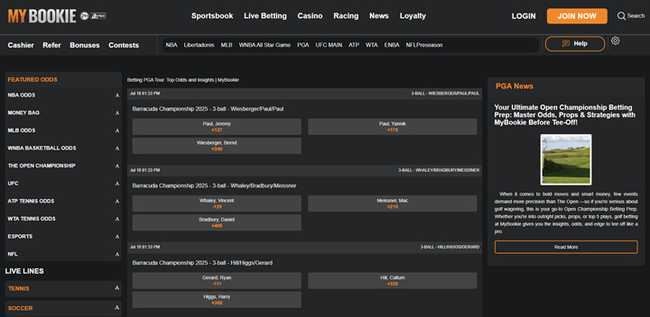 screenshot from MyBookie sportsbook highlighting PGA Tour 3-ball betting matchups and expert strategies at Golf Betting Sites