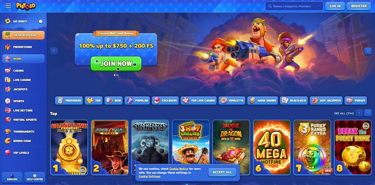 screenshot of Pistolo Casino homepage with animated welcome banner and popular slot games at Best Online Casino Ontario 