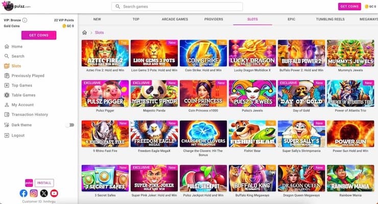 A snapshot of Pulsz Casino slot games, part of the top 10 social casinos online with daily bonuses and free sweeps coins.