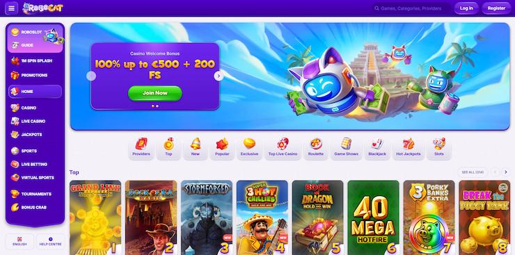 screenshot of RoboCat Casino homepage showing colorful robot cat theme and welcome bonus at Best Online Casino Ontario