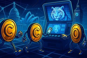 a snapshot of crypto coins interacting with a futuristic Siberian Storm slot machine featuring a glowing tiger, set against a blockchain grid with global landmarks