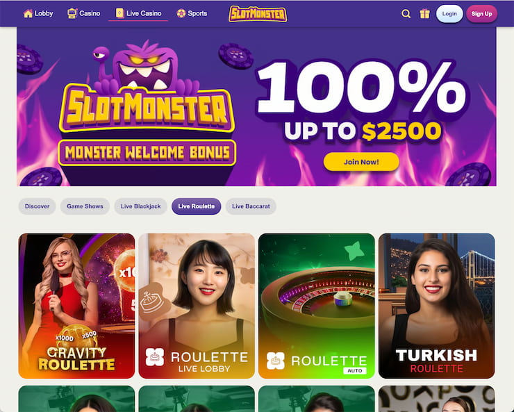 SlotMonster Casino live roulette lobby showcasing Gravity, Turkish and auto roulette for online roulette Australia players.