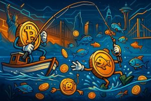 Snapshot of Fishin’ Frenzy slot review with crypto coins in a futuristic USA setting