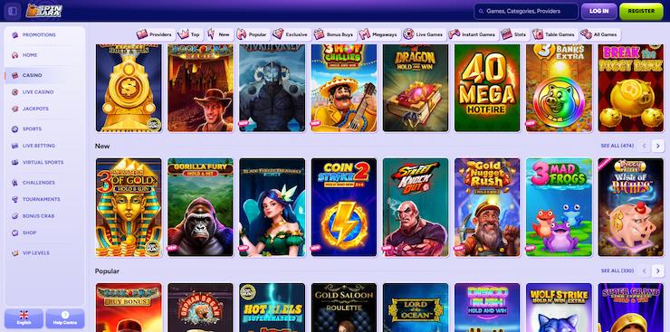 screenshot of SpinBara online casino game lobby showing slots and new releases at Best Online Casino Ontario
